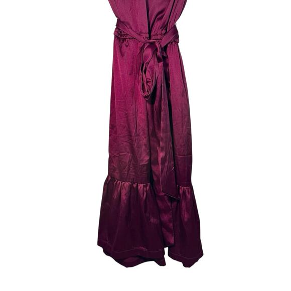 Boston Proper Ruffle Satin Tie Waist Midi Dress Cabernet Burgundy M Boho Retro - Picture 4 of 12
